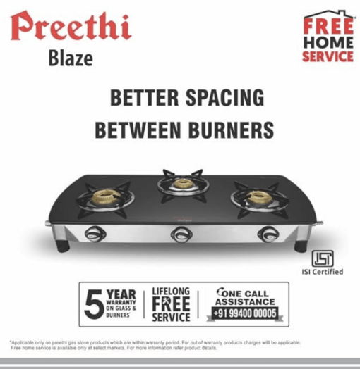 Preethi Blu Flame Blaze Glass top 3 Burner Gas Stove, Manual Ignition, Black (ISI Certified), GTS 117 - Image 2